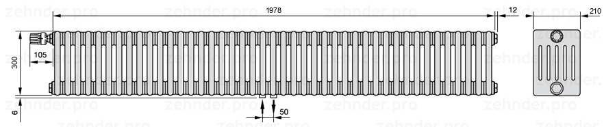 Схема (чертеж) Радиатор Zehnder Charleston 6030/43 №V007 Белый глянцевый RAL 9016